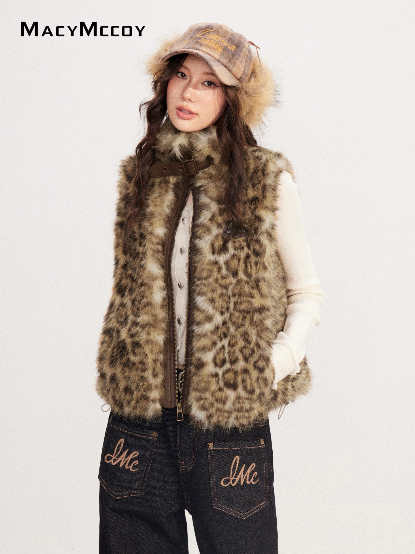 MacyMccoy MMC2025221 Leopard print patchwork plush vest