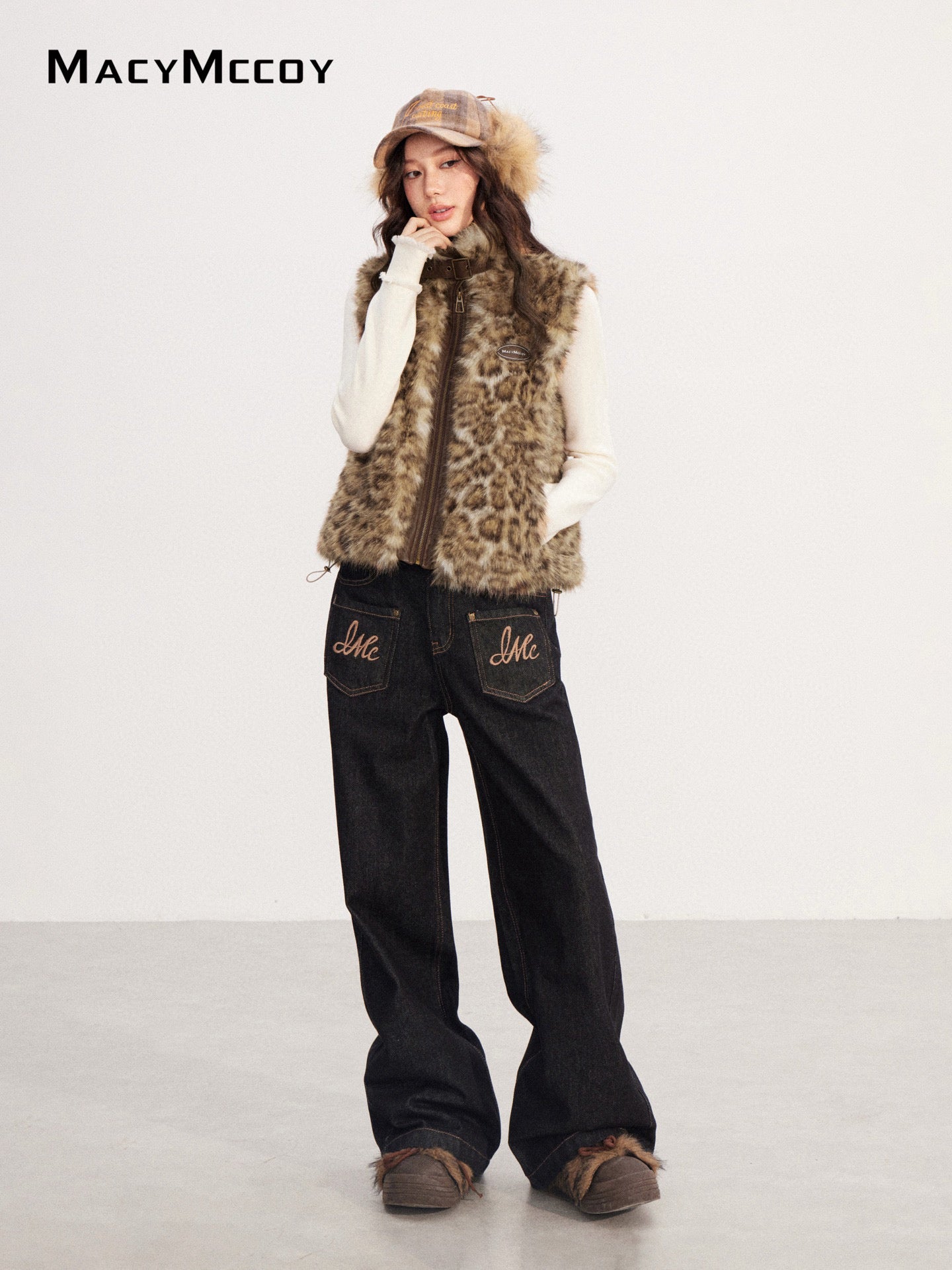 MacyMccoy MMC2025221 Leopard print patchwork plush vest