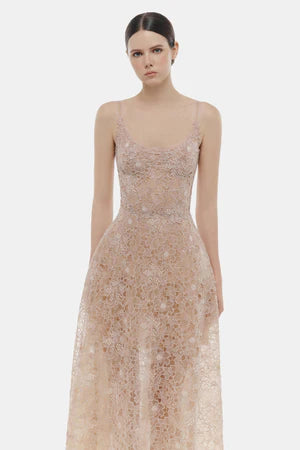 Montsand Pink Flower Lace Midi Dress