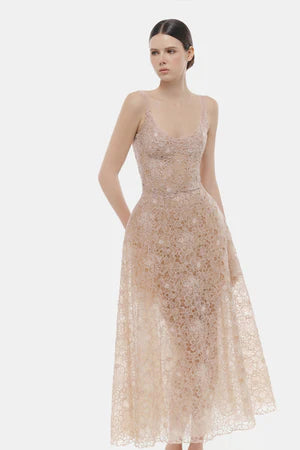 Montsand Pink Flower Lace Midi Dress