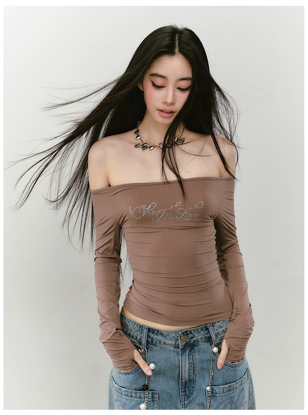 VIA PITTI VIABTP370 Rhinestone one shoulder top