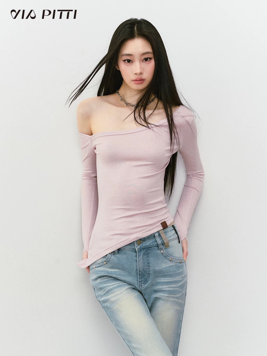 VIA PITTI VIABTP409 Shiny one shoulder irregular T-shirt