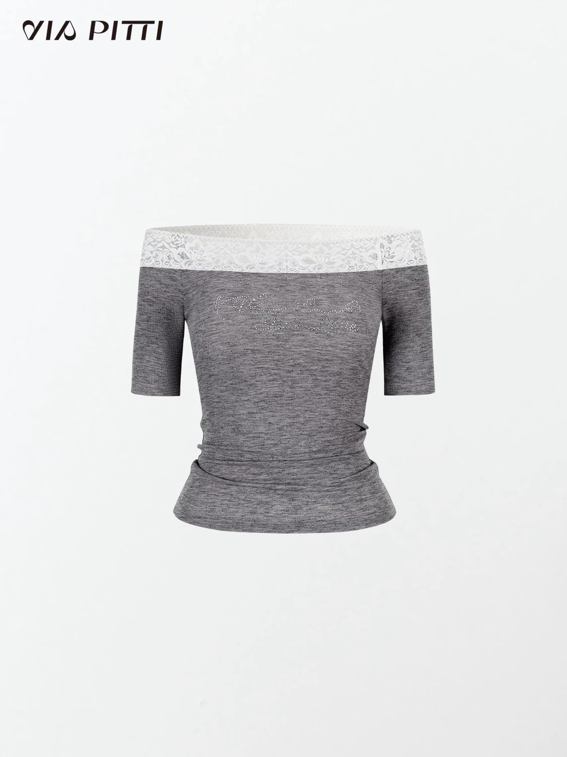 VIA PITTI VIABTP263 Lace patchwork rhinestone short sleeved T-shirt