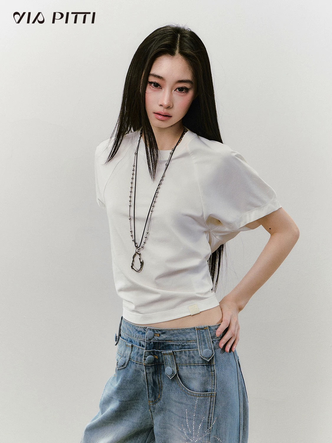 VIA PITTI VIABTP464 Round neck waist cinching loose T-shirt