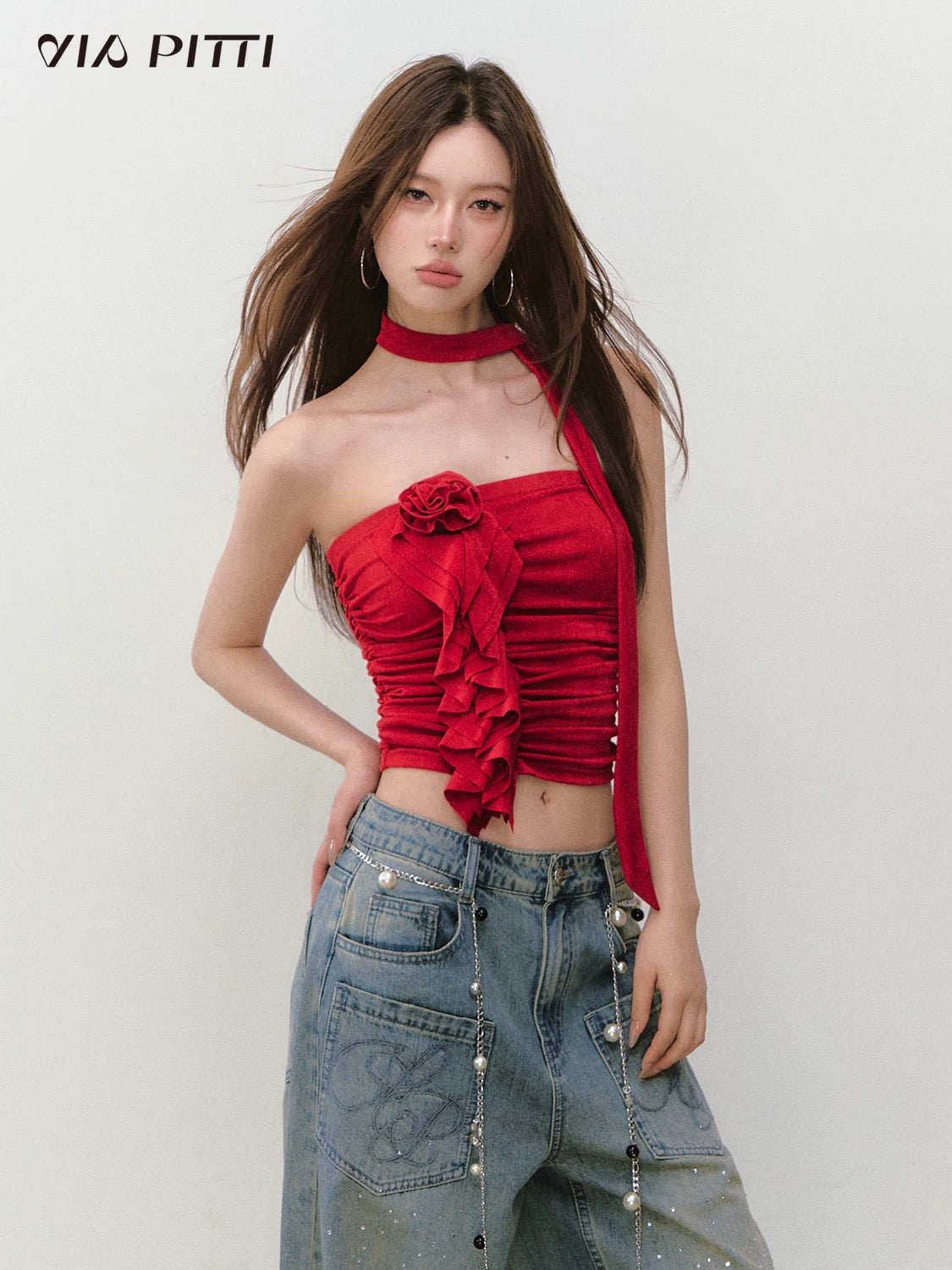 VIA PITTI VIABTP302 3D rose blossom slim fit strapless top