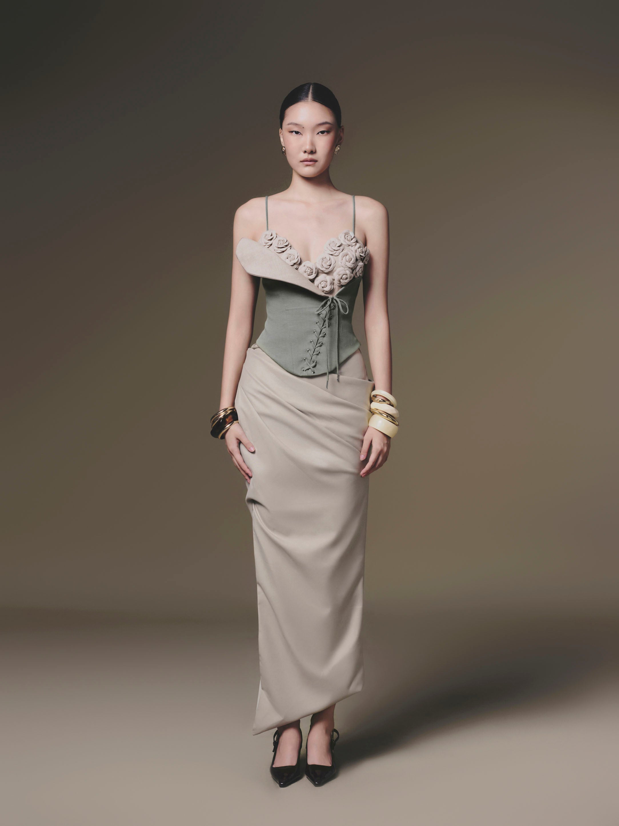 KEIRA TONG Camellia Corset Top & Tucked Skirt