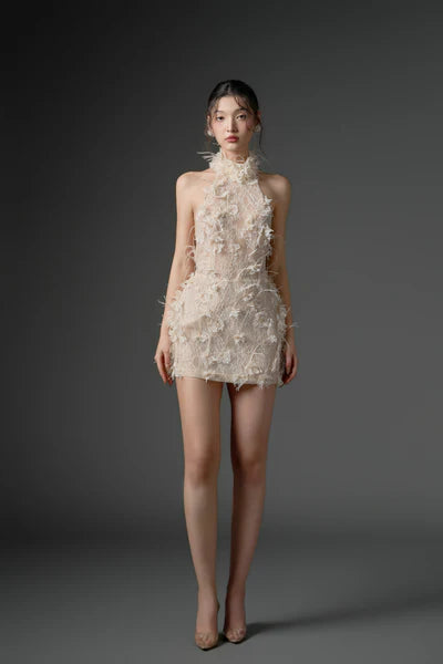 21SIX Asad Lace Flower And Feather Dress (3color)