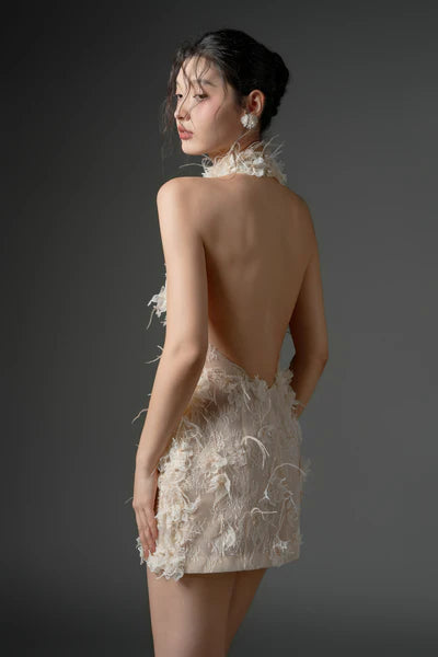 21SIX Asad Lace Flower And Feather Dress (3color)