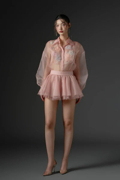 21SIX Timsah Organza Flower Shirt With Zarafa Organza Pleated Skirt