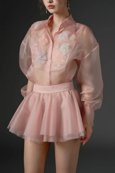 21SIX Timsah Organza Flower Shirt With Zarafa Organza Pleated Skirt