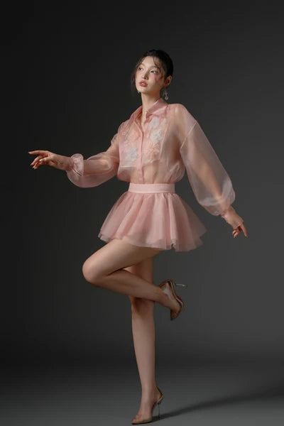 21SIX Timsah Organza Flower Shirt With Zarafa Organza Pleated Skirt