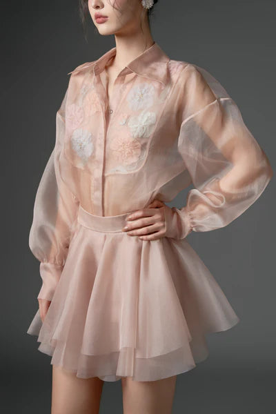 21SIX Timsah Organza Flower Shirt With Zarafa Organza Pleated Skirt