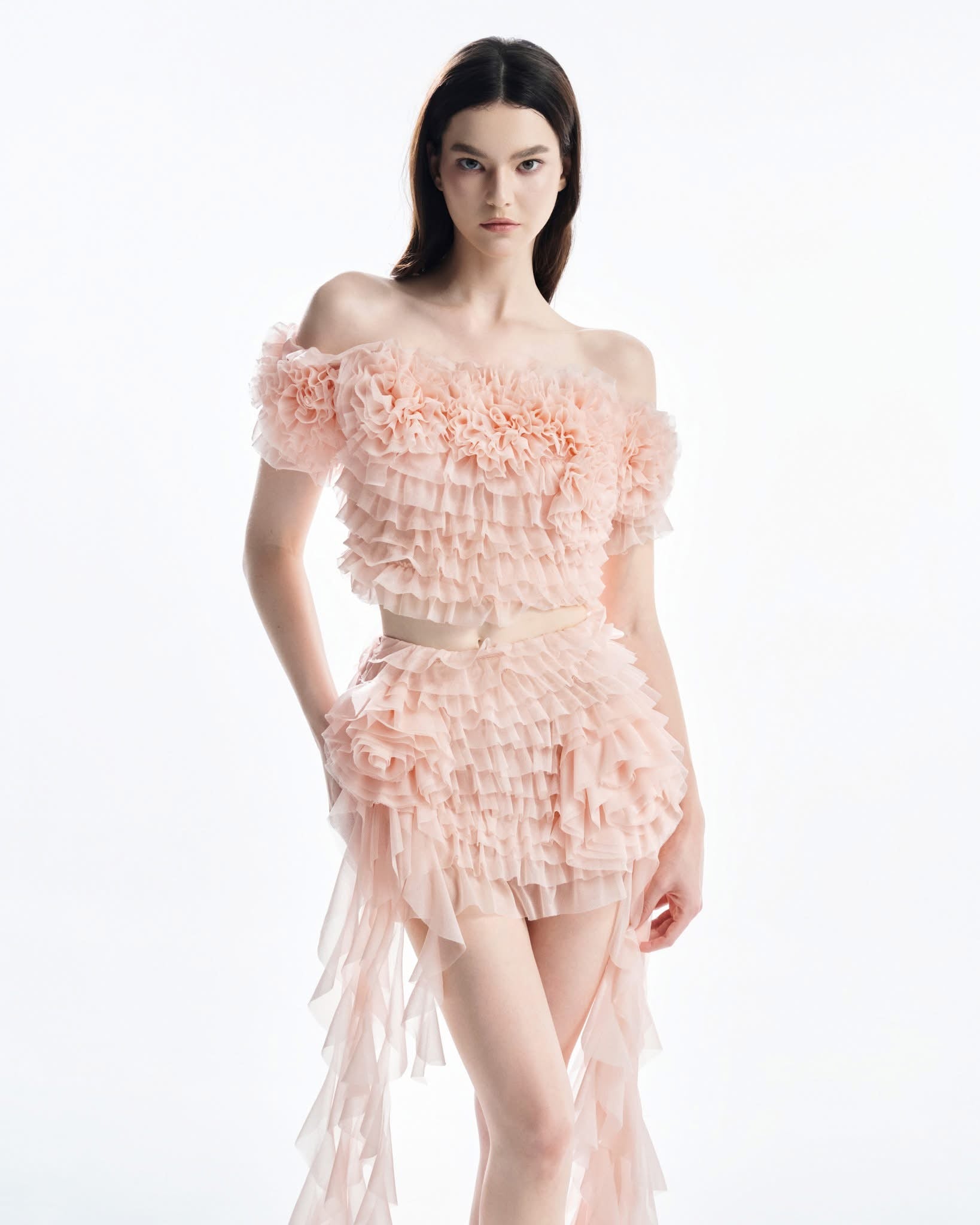 MUST HAVE Off-Shoulder Cropped Top & 3D Floral Ruffles Mini Skirt (2color)
