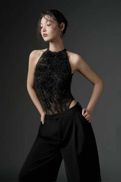 21SIX Jambari Tulle Ruffles Top With Crepe Straight Pants