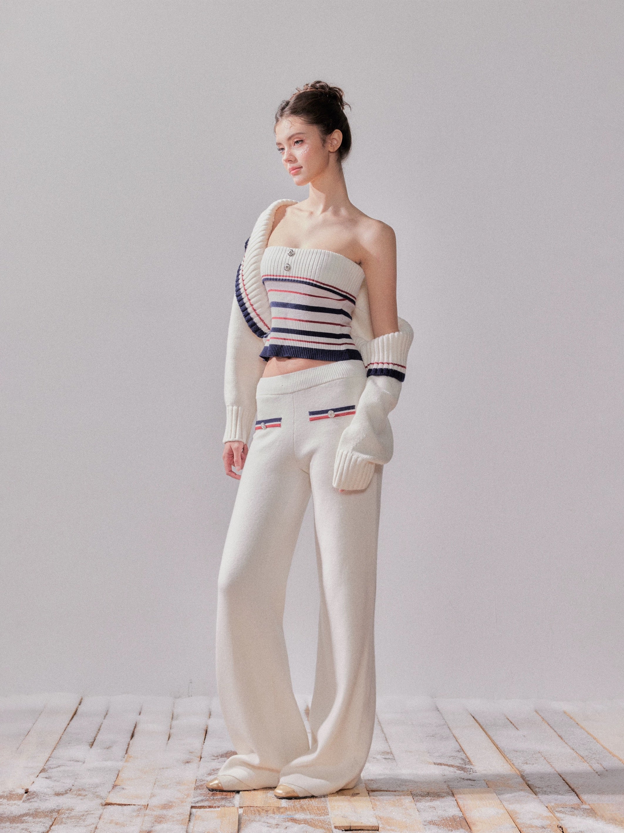 YZZI HE Lazy style striped knitted cardigan + pants set (White)