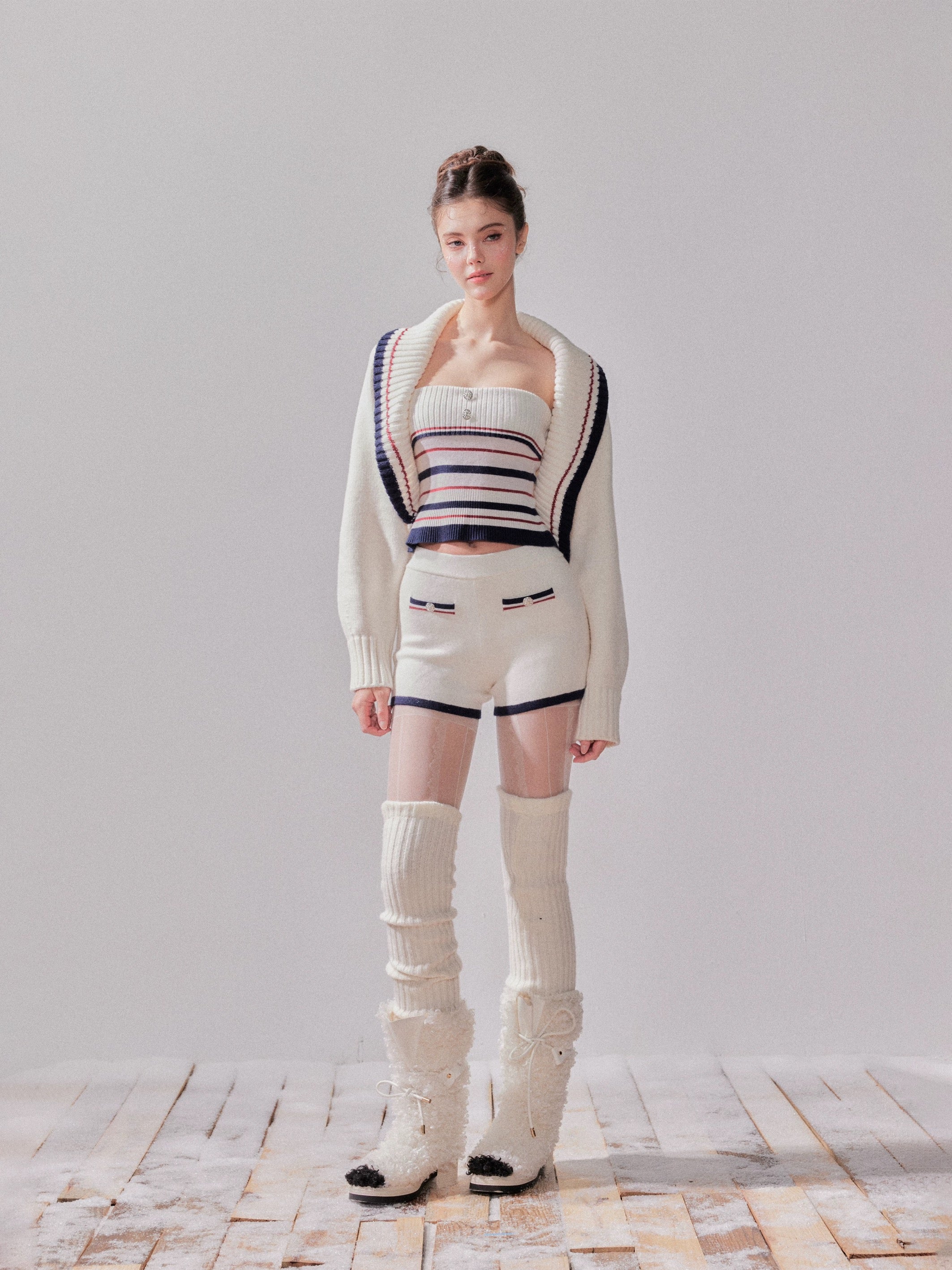 YZZI HE Lazy style striped knitted cardigan + shorts set (White)