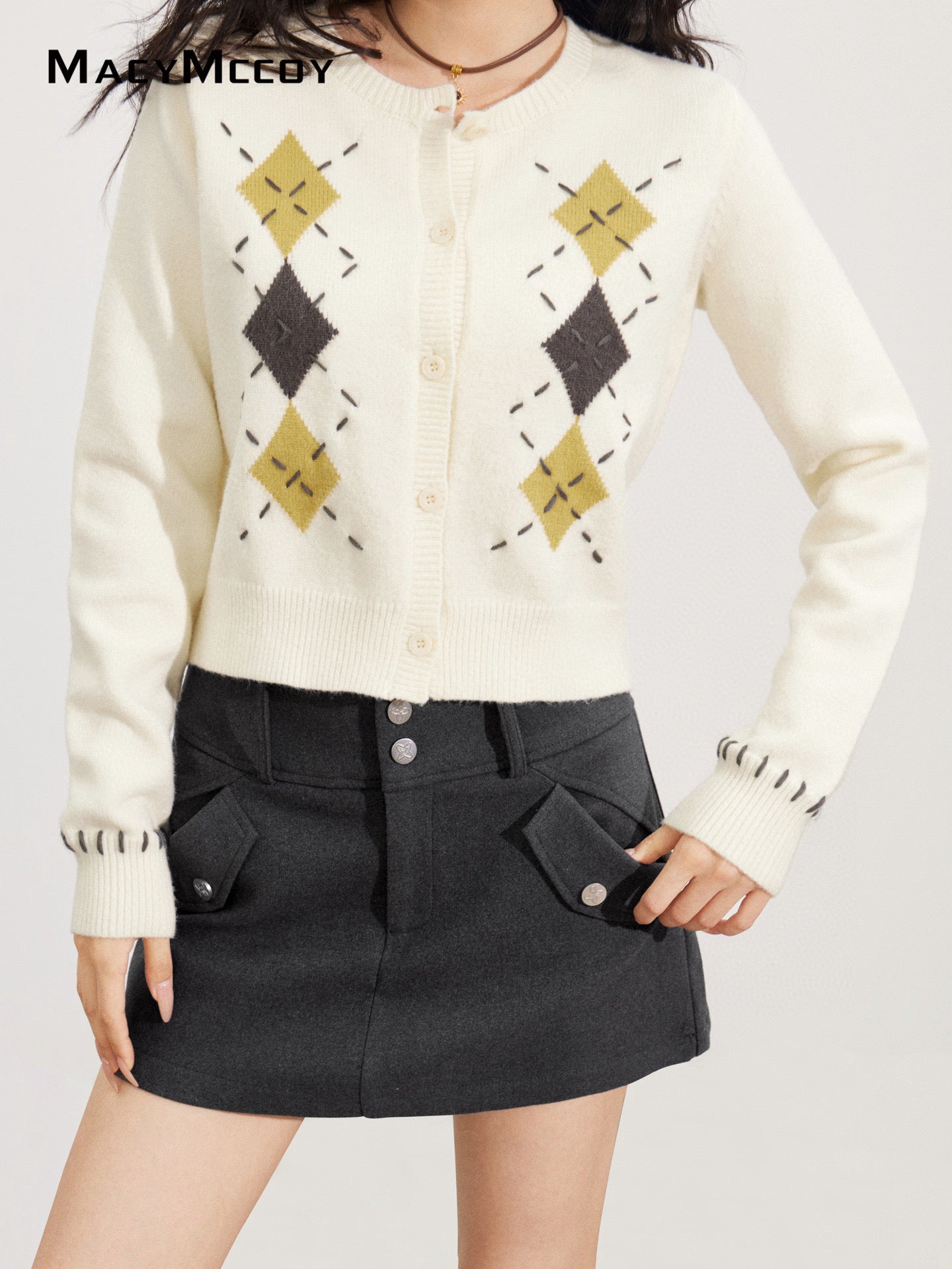 MacyMccoy MMC2025169 Handmade threading diamond grid sweater