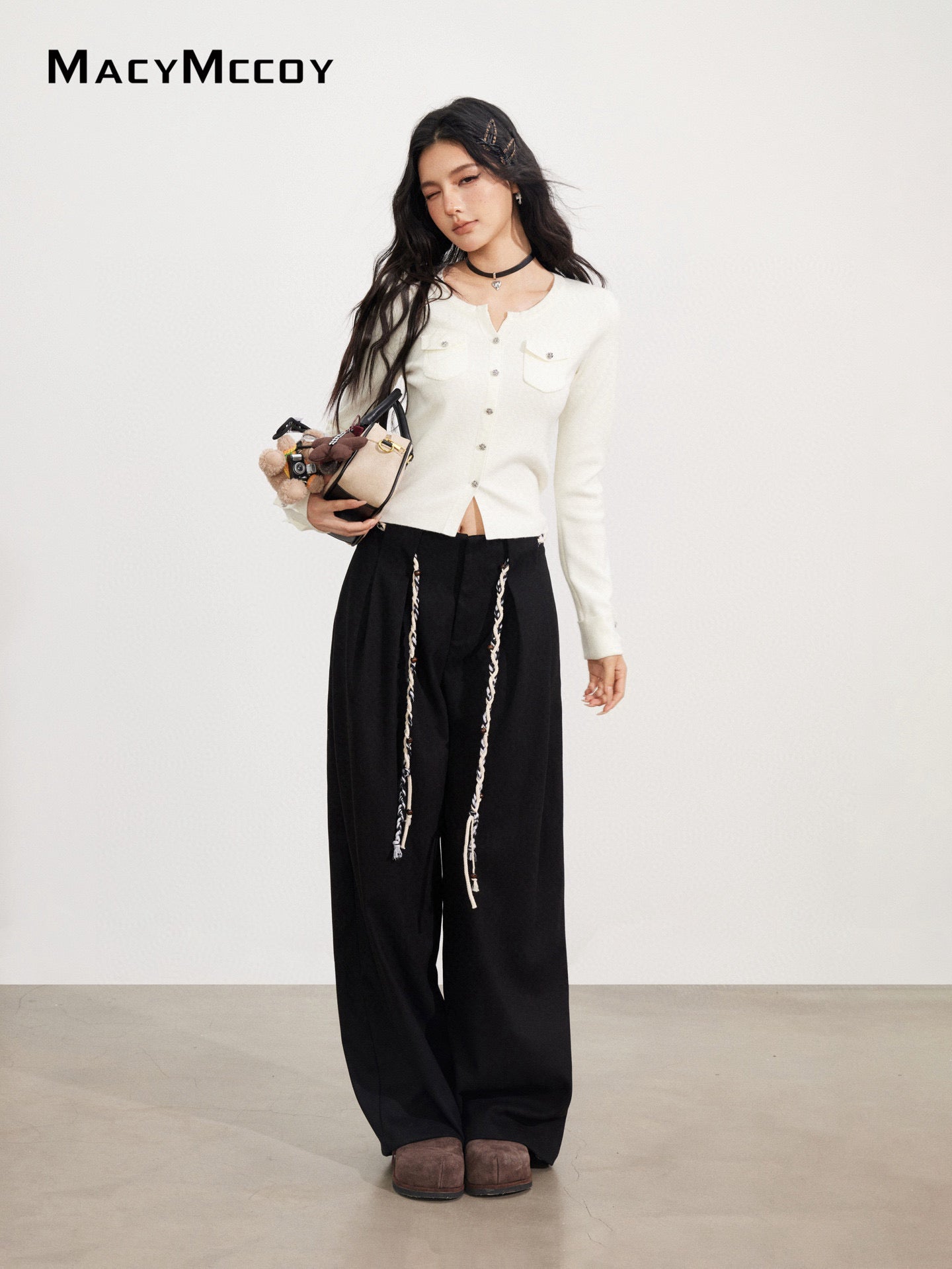 MacyMccoy MMC2025173 Tie up woolen wide leg pants