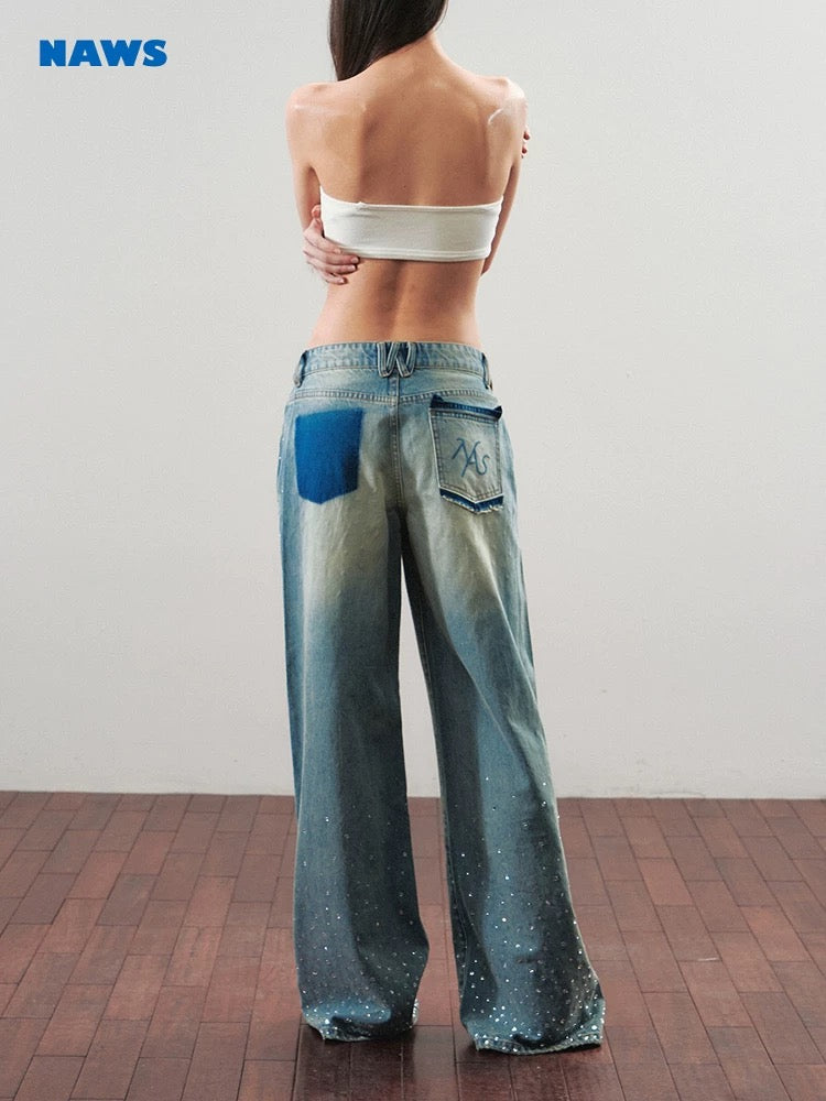 NAWS Washed and rhinestone straight leg loose pants
