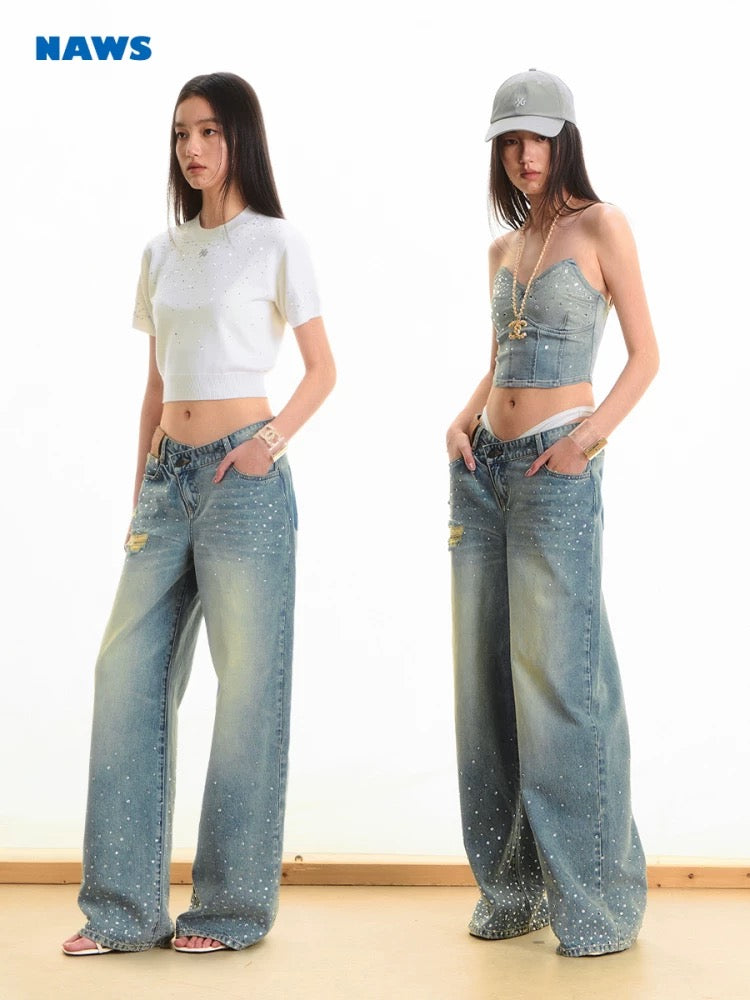 NAWS Washed and rhinestone straight leg loose pants