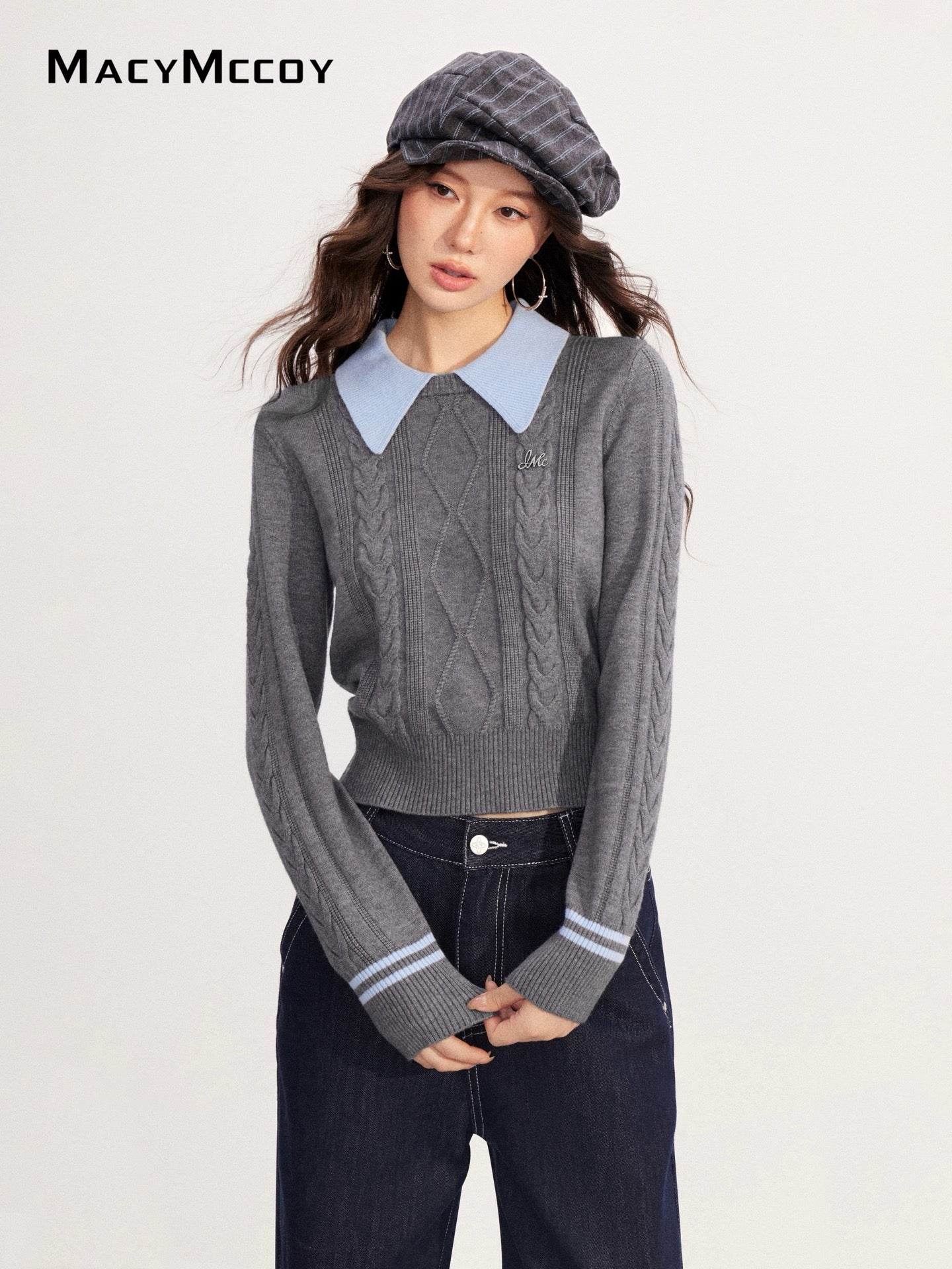 MacyMccoy MMC2025229 Polo collar contrasting twisted sweater