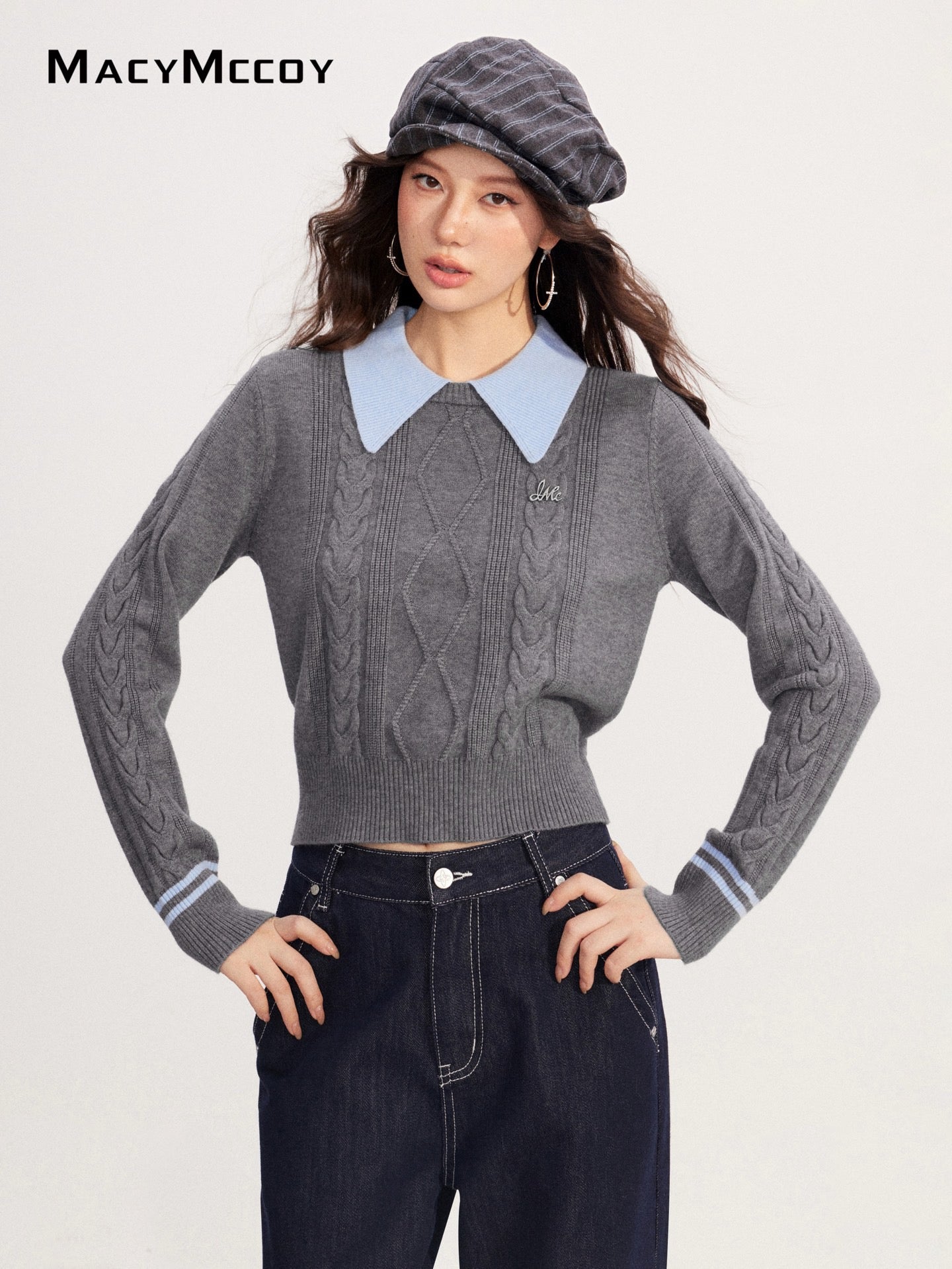 MacyMccoy MMC2025229 Polo collar contrasting twisted sweater