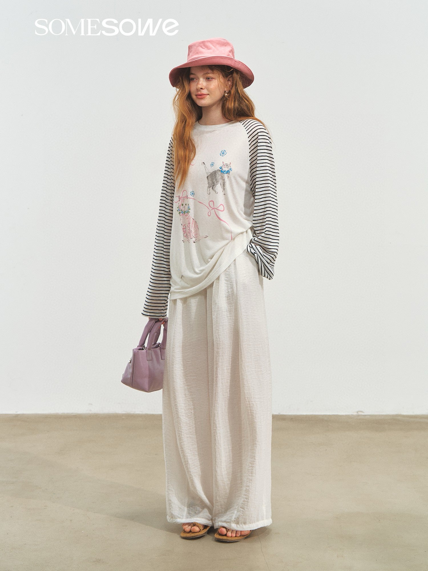 SOMESOWE S2508160 Cat printed striped patchwork top