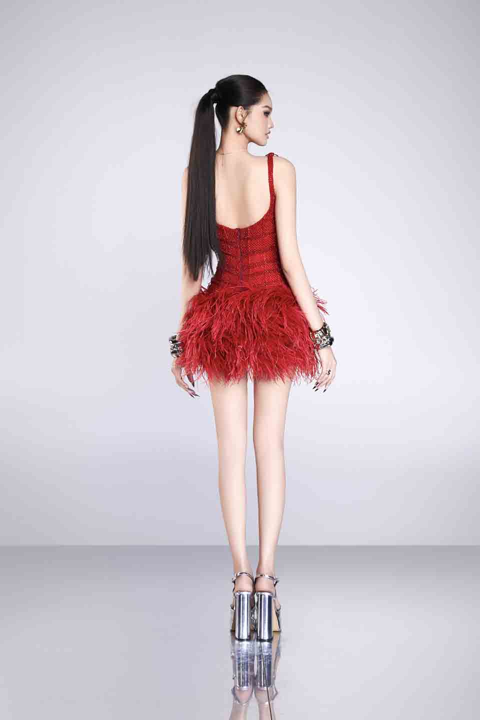 Bandage Dress Feather suspender swing collar dress
