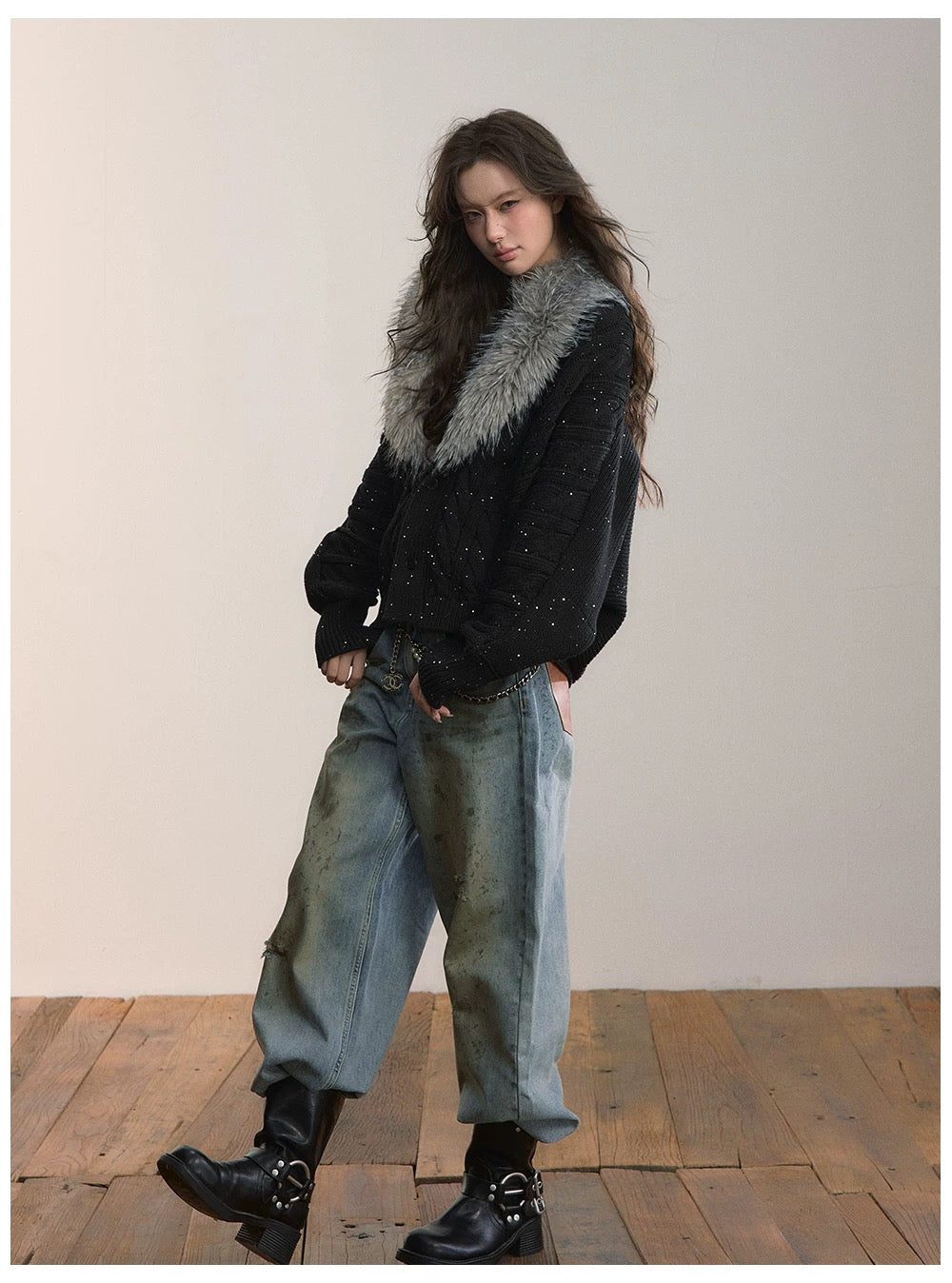VIA PITTI VIADK615 Detachable fur collar thickened knitted jacket