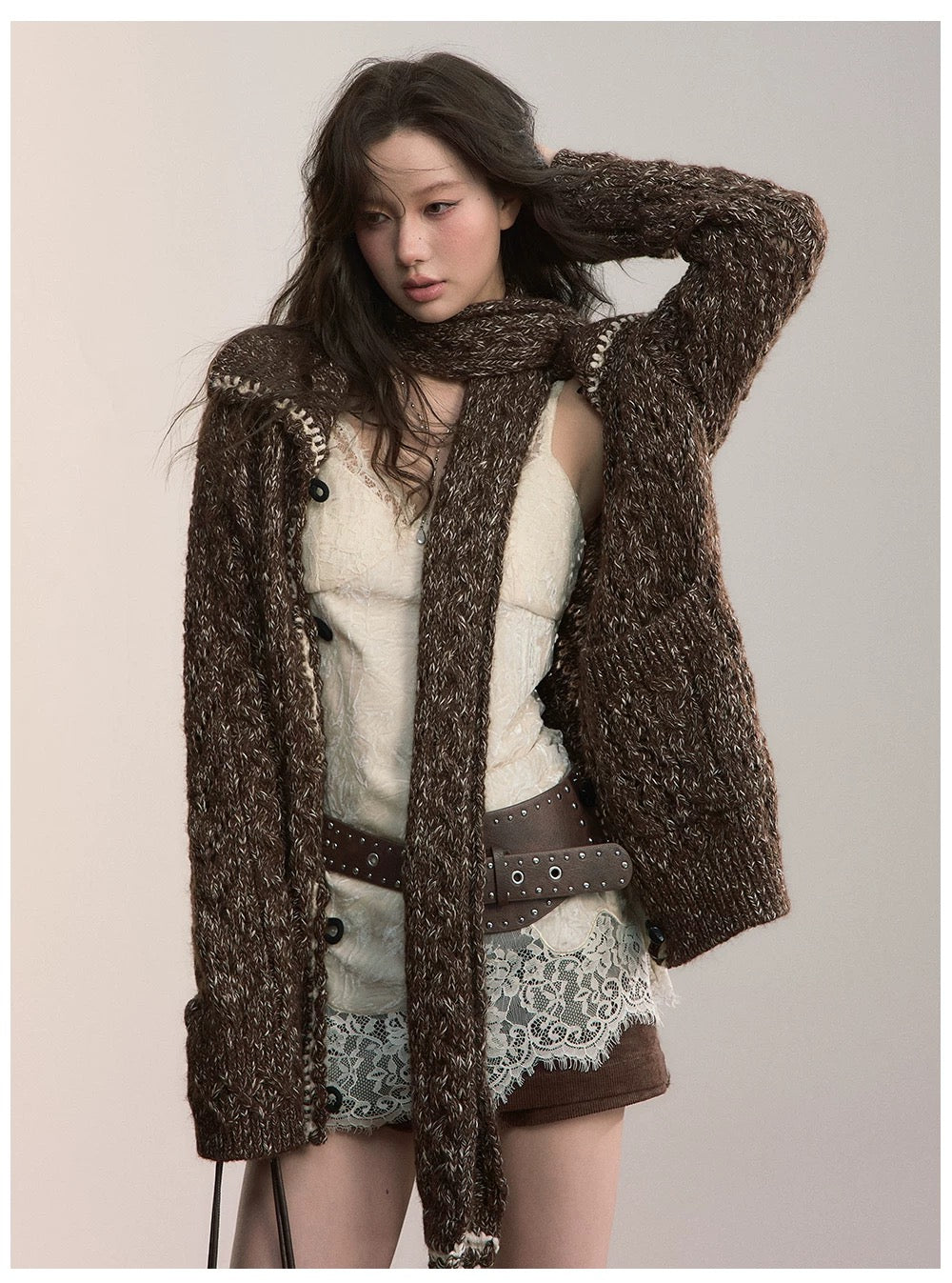 VIA PITTI VIADK620&VIADK646 Bull horn button loose sweater jacket + scarf set