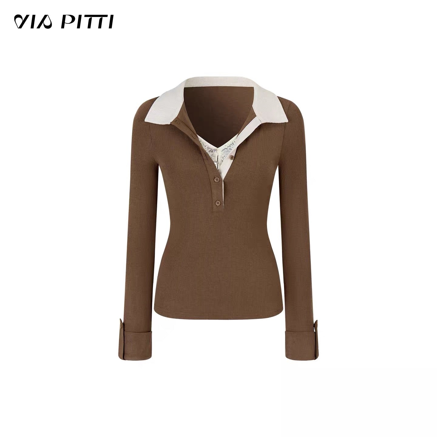 VIA PITTI VIADTP600 Color blocked lapel patchwork lace long sleeved T-shirt