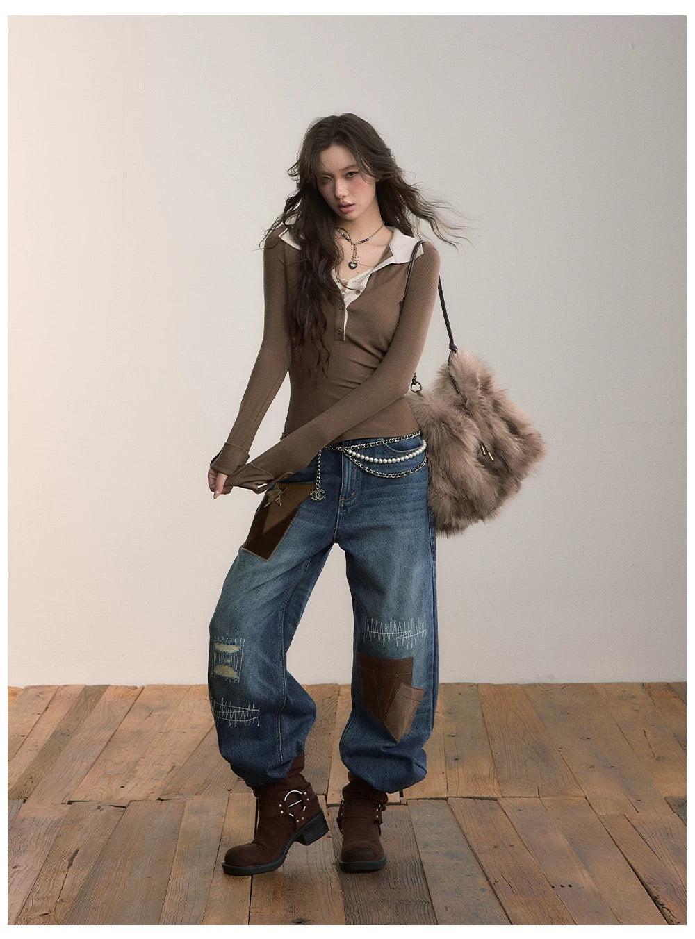VIA PITTI VIADTP600 Color blocked lapel patchwork lace long sleeved T-shirt