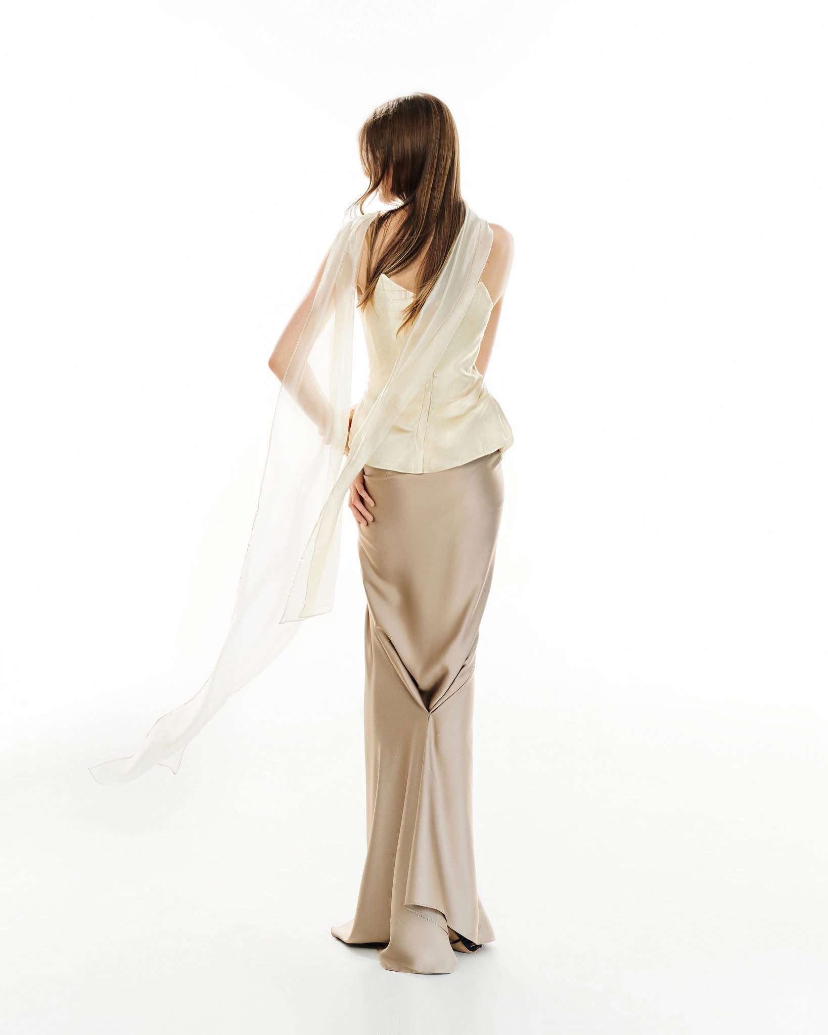 MUST HAVE Corset top with scarf neck & Golden silk maxi skirt