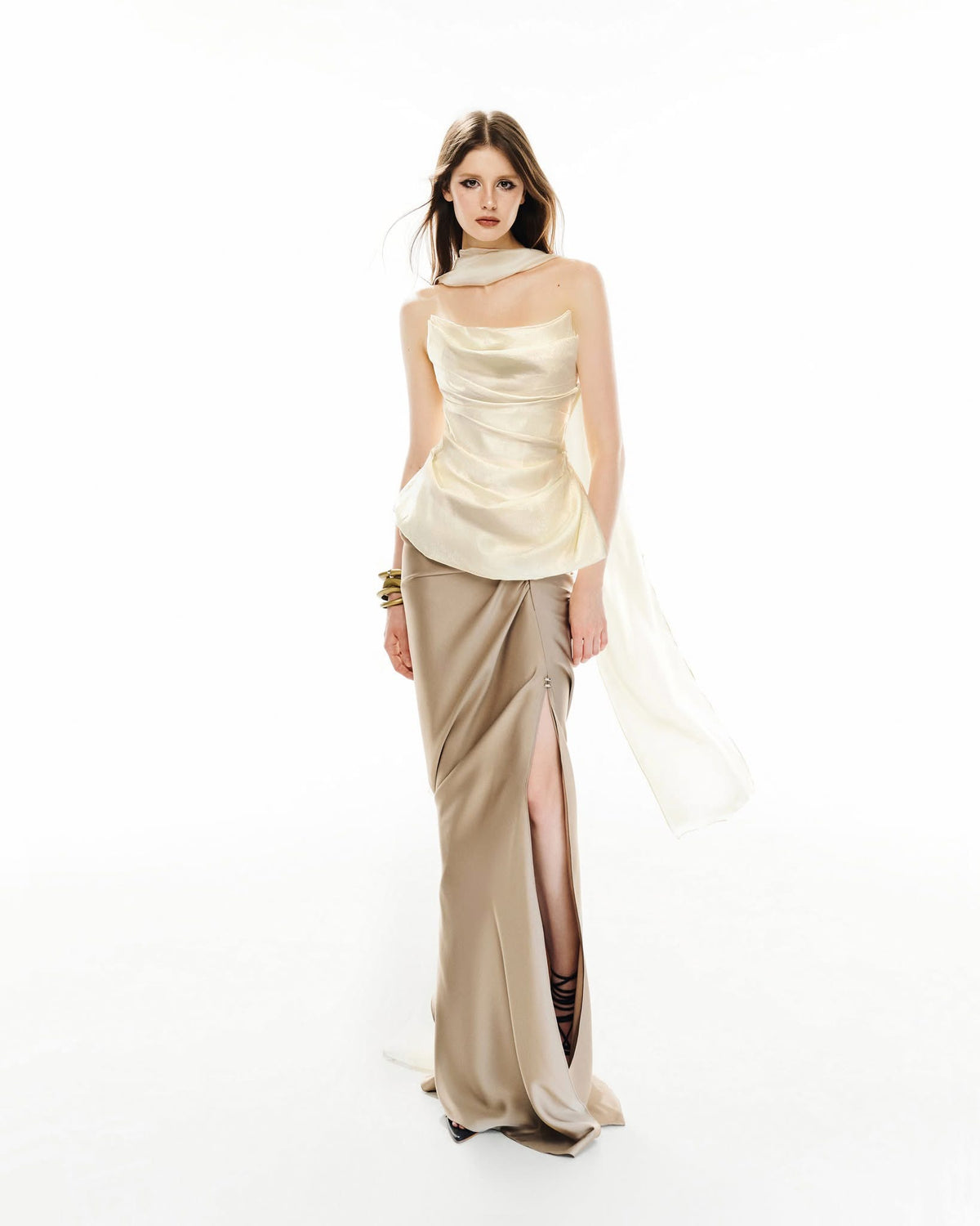 MUST HAVE Corset top with scarf neck & Golden silk maxi skirt