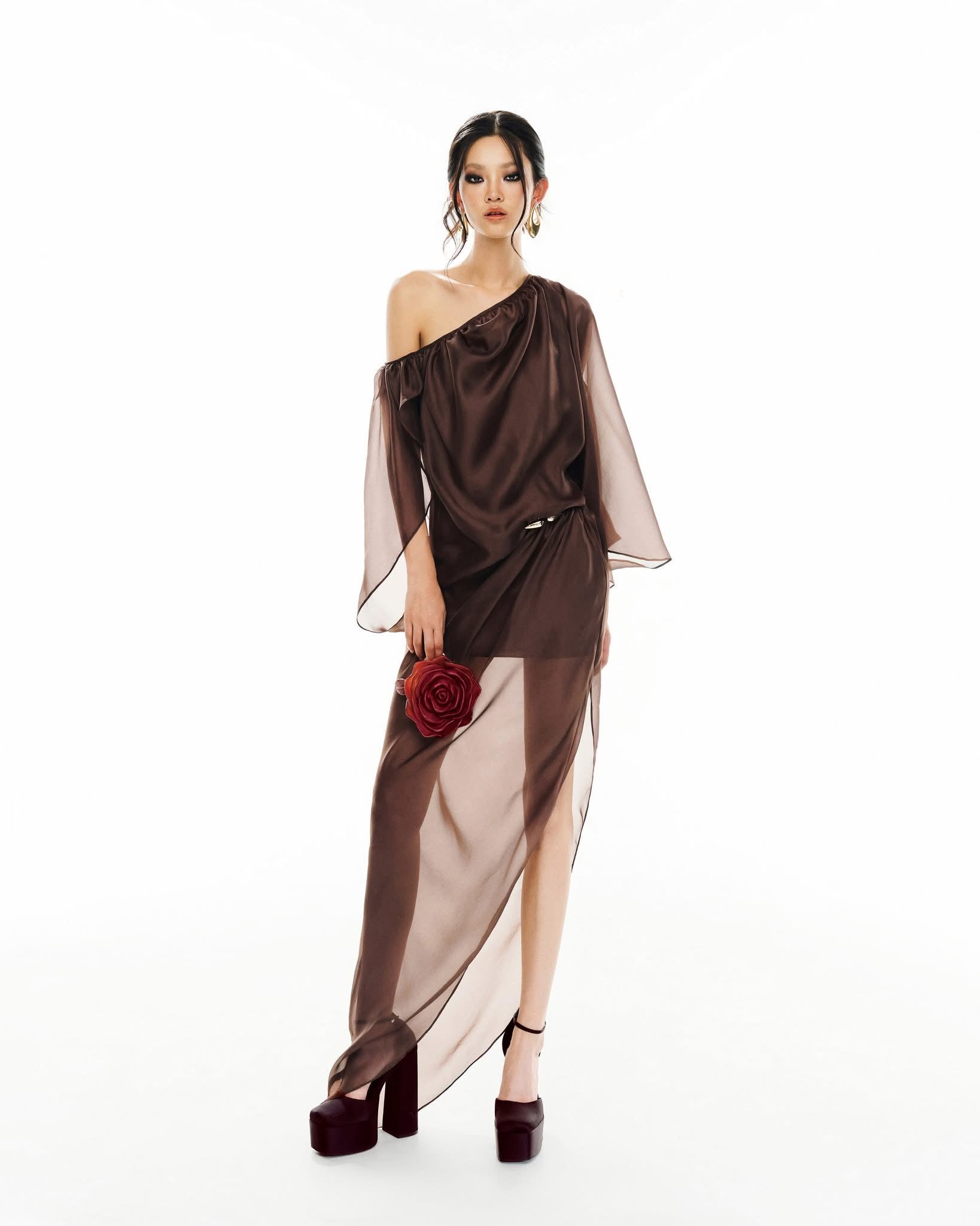 MUST HAVE One-shoulder chocolate wrap dress