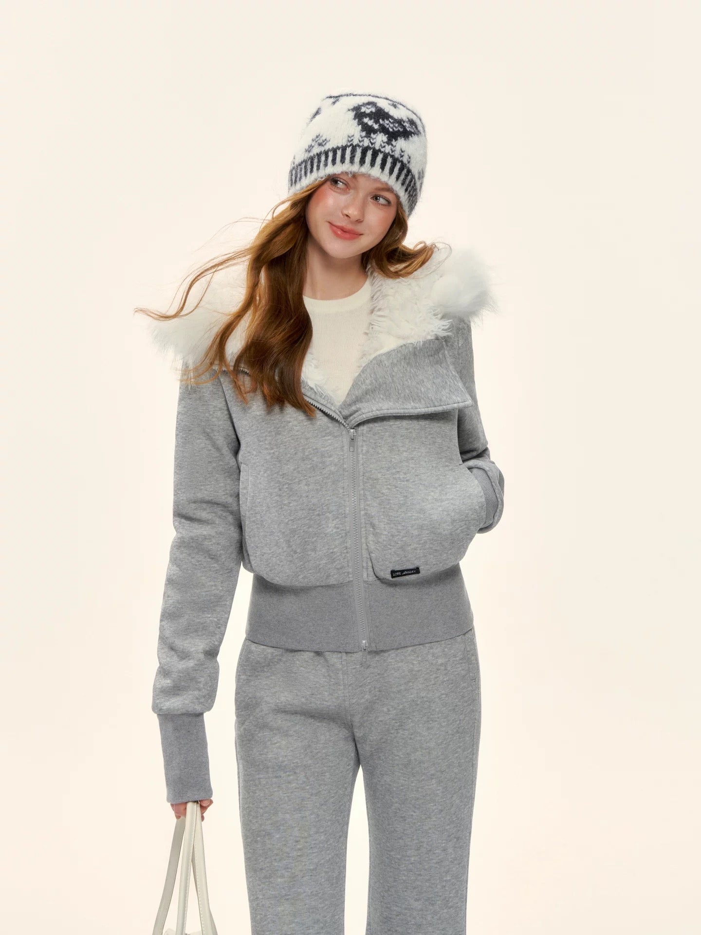 AsGony ASG25580&ASG25582 American retro solid color fleece hoodie + pants set (Grey)
