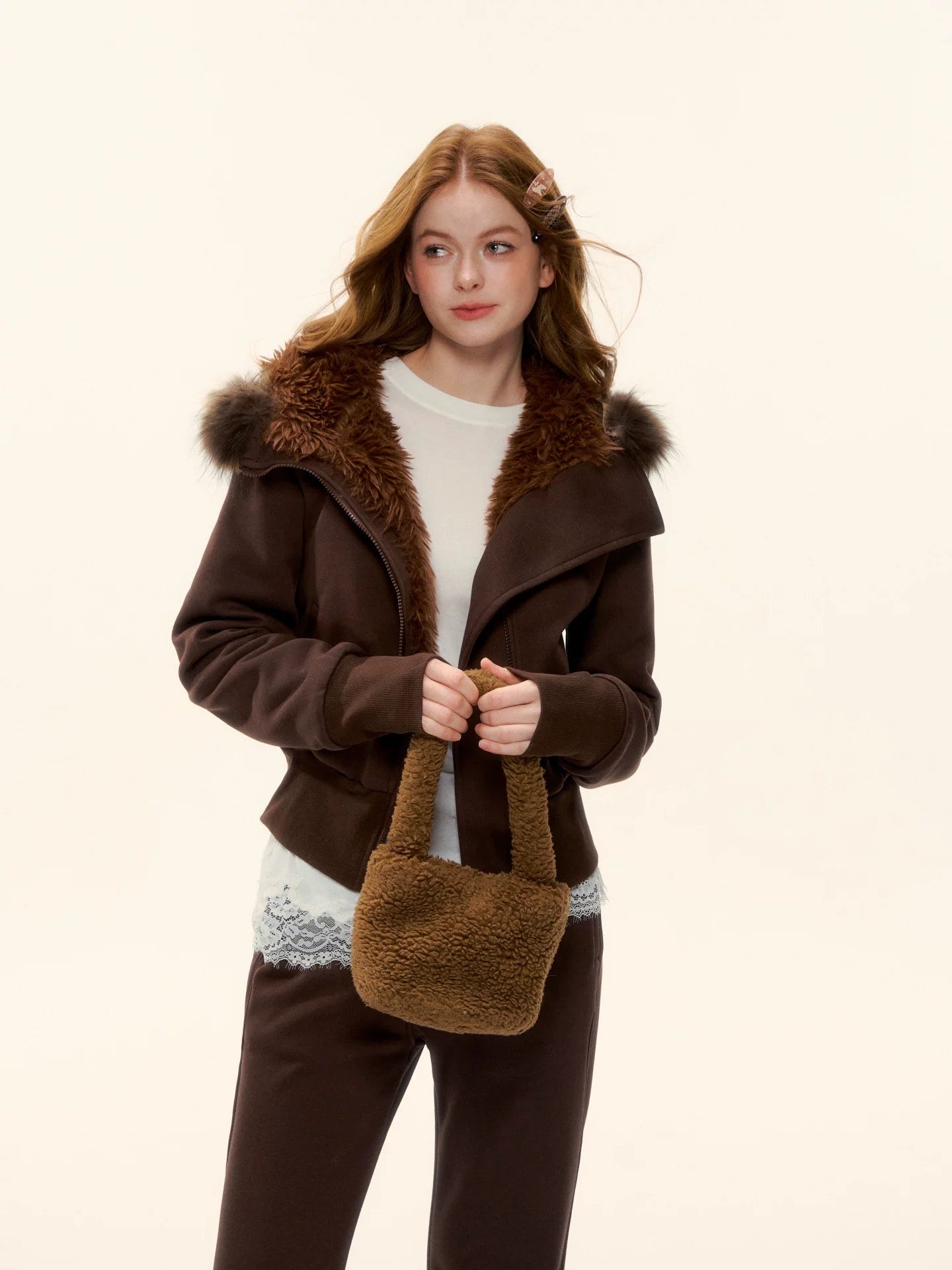 AsGony ASG25580&ASG25582 American retro solid color fleece hoodie + pants set (Brown)
