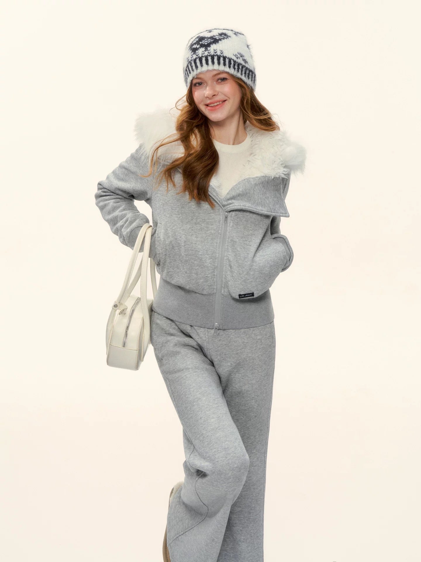 AsGony ASG25580&ASG25582 American retro solid color fleece hoodie + pants set (Grey)