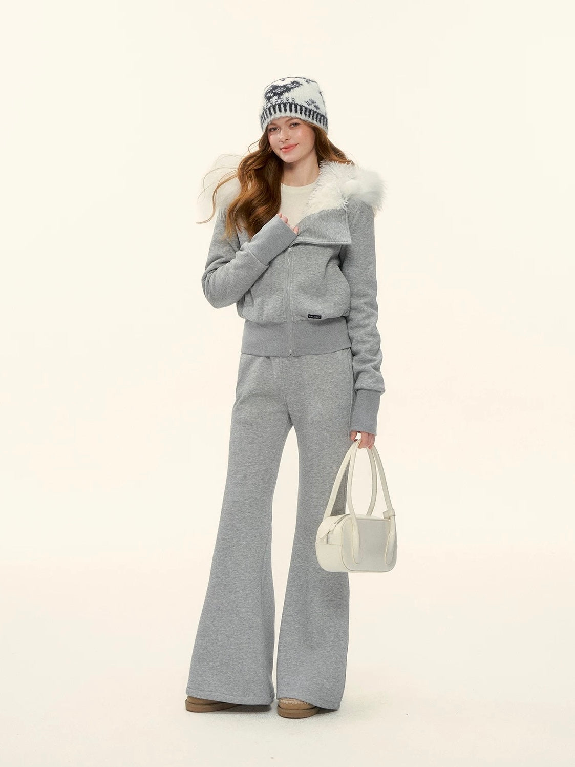 AsGony ASG25580&ASG25582 American retro solid color fleece hoodie + pants set (Grey)