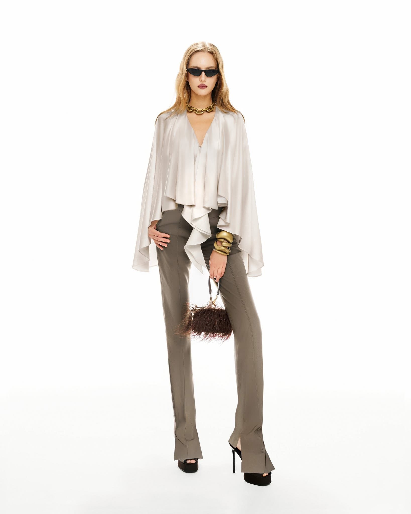MUST HAVE Silk cape top & Slit-hem pants
