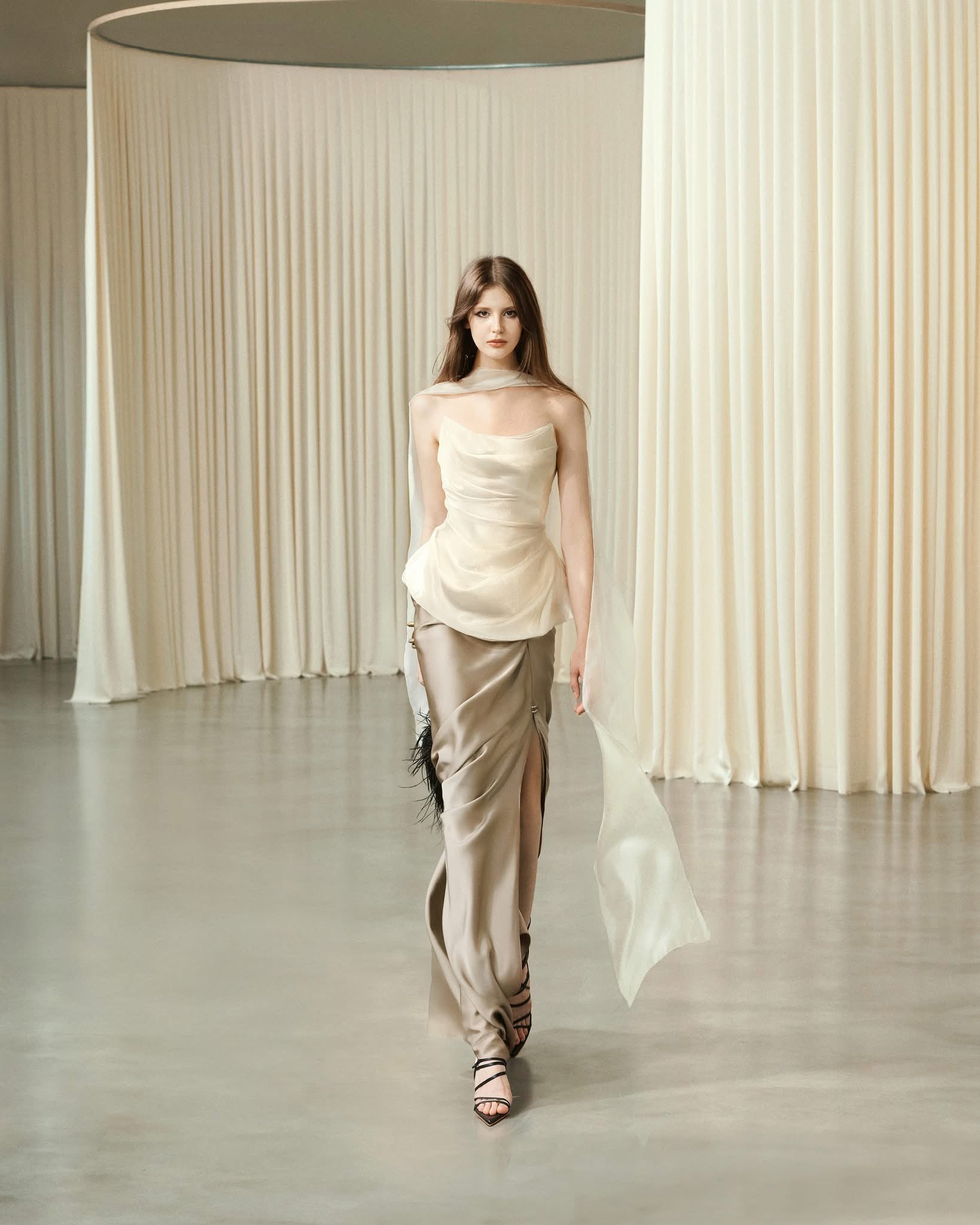 MUST HAVE Corset top with scarf neck & Golden silk maxi skirt