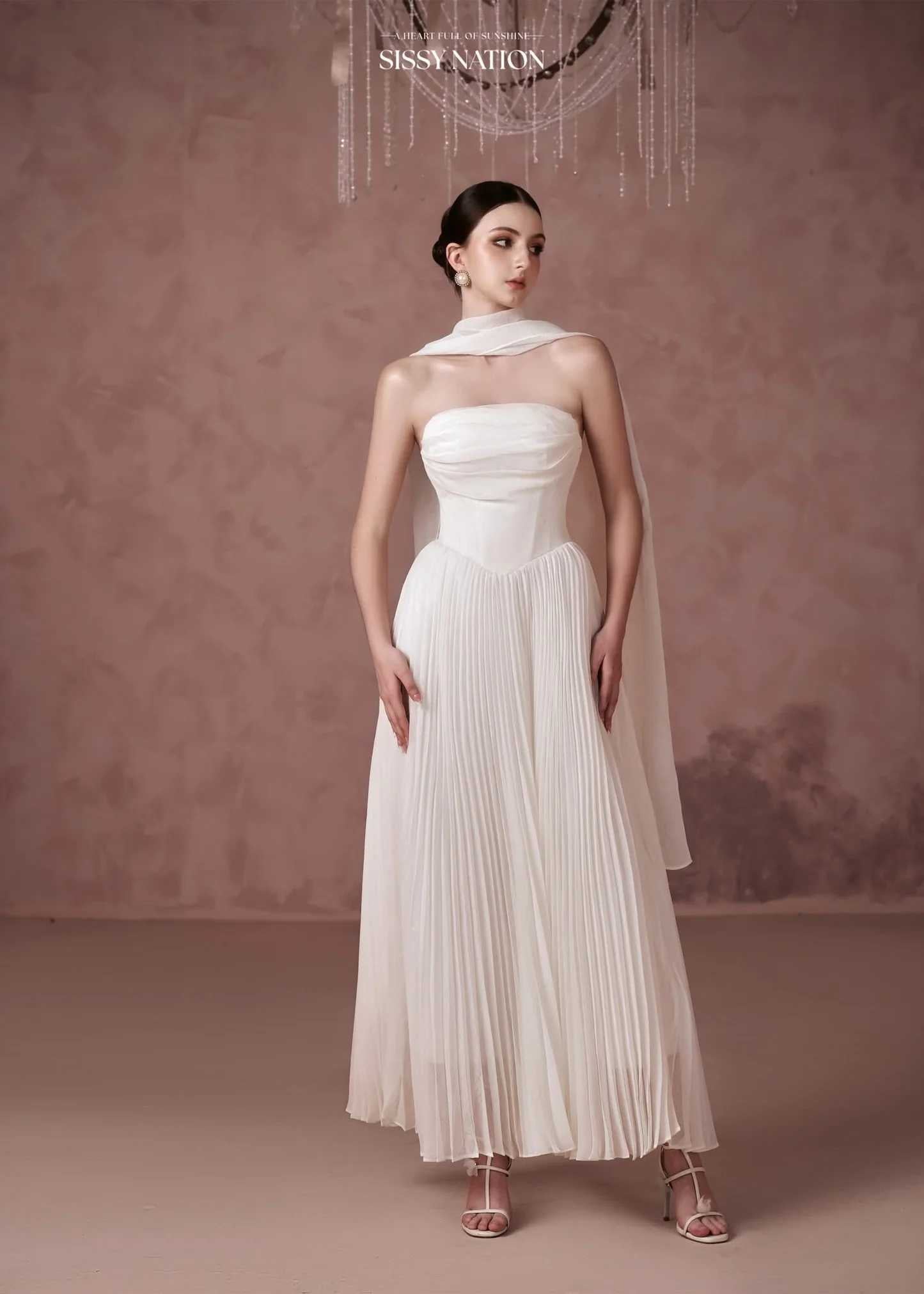 Sissy White Amelia Corset Pleated Maxi Dress