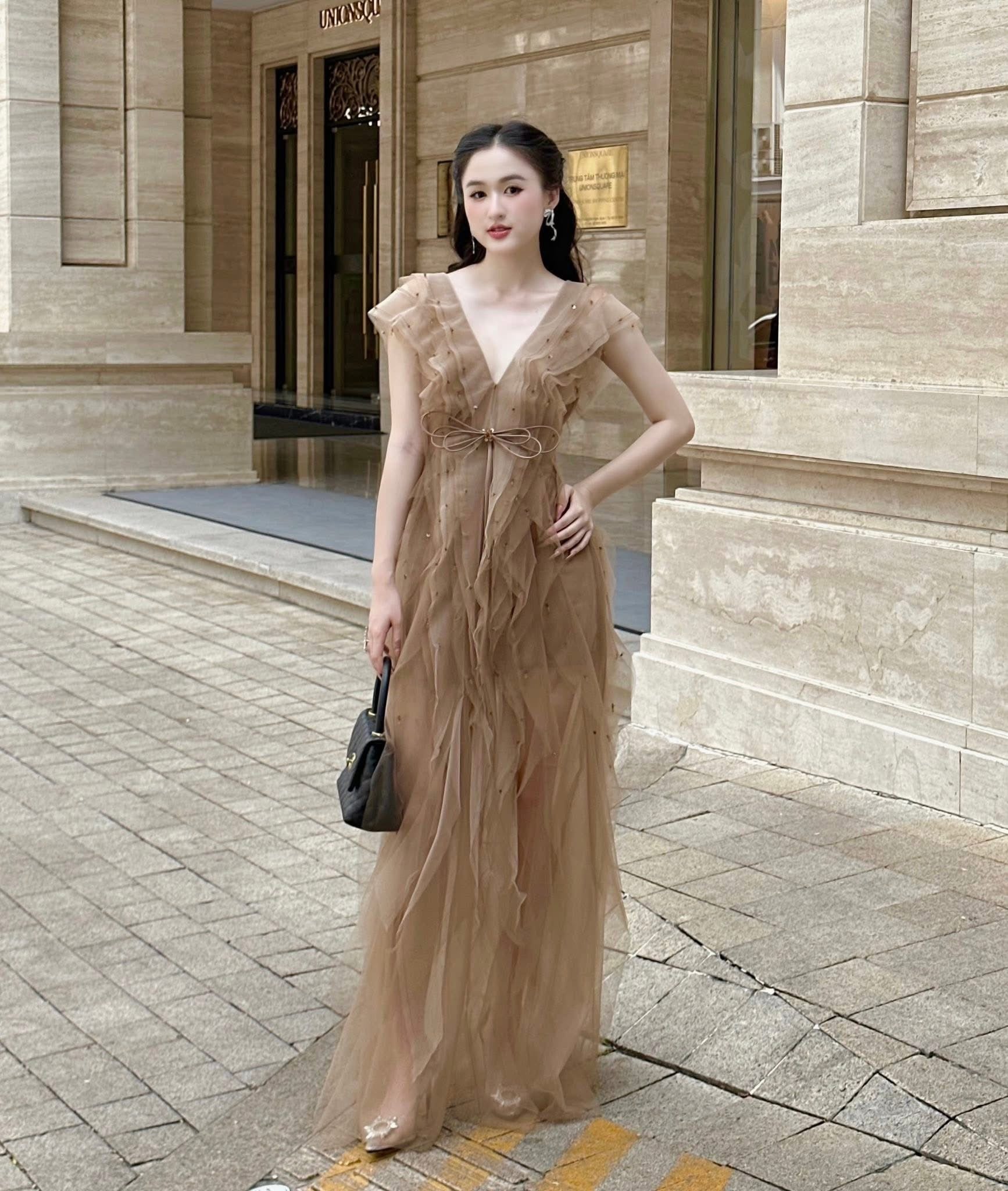 XY Bymyxy Brown butterfly bow long dress