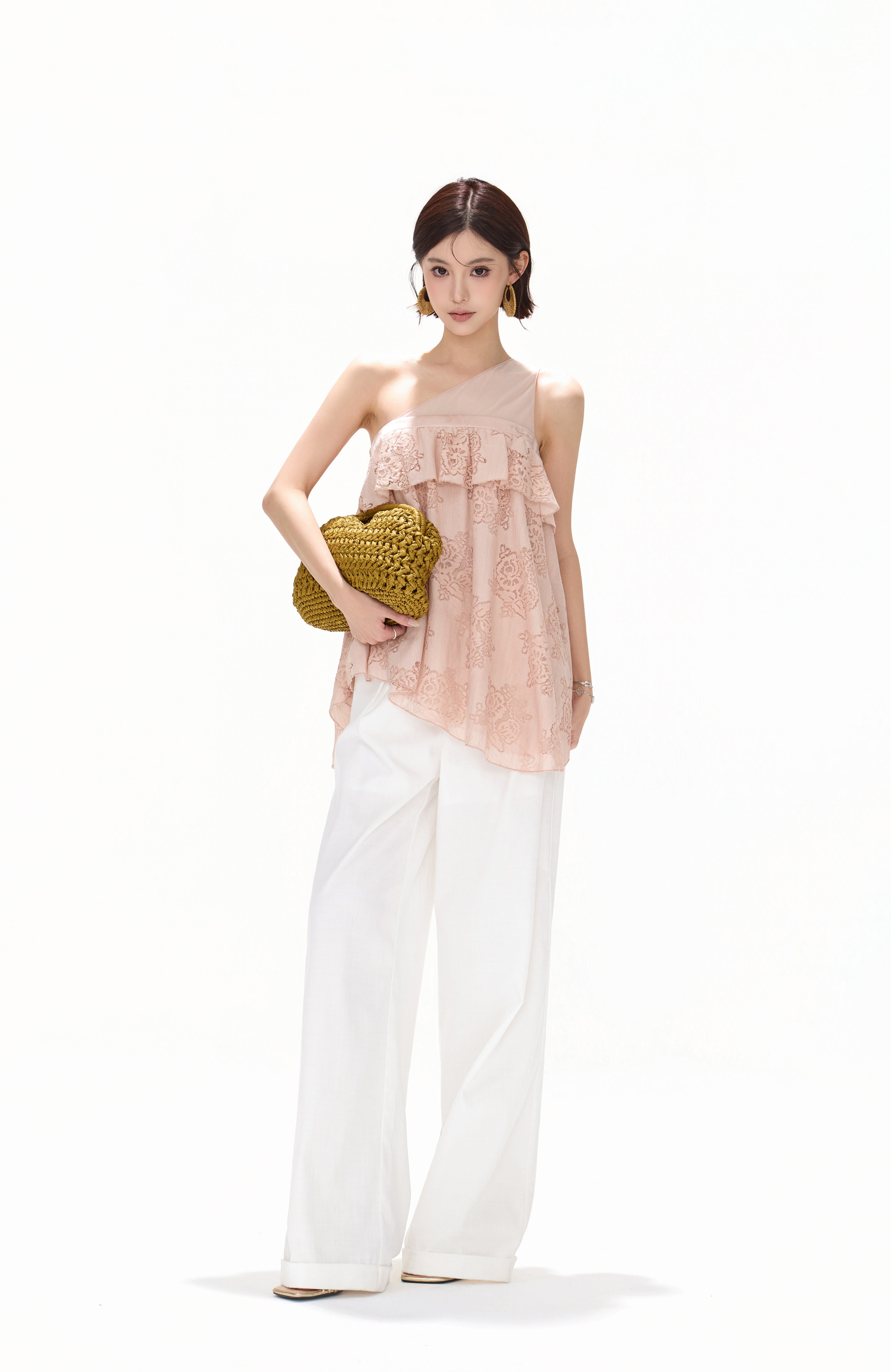 CYNR CY260412SAI Mesh rose lace irregular sleeveless top