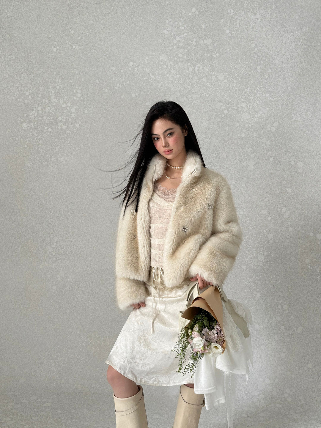 NONCESTNON N238 Pearl Buttoned Fur Coat