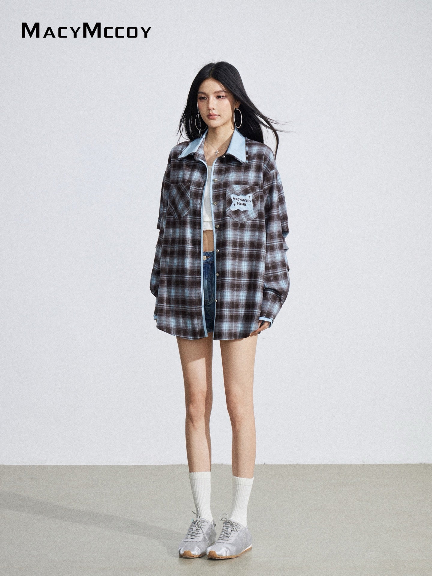 MacyMccoy MMC2026027 Color-blocked embroidered plaid shirt