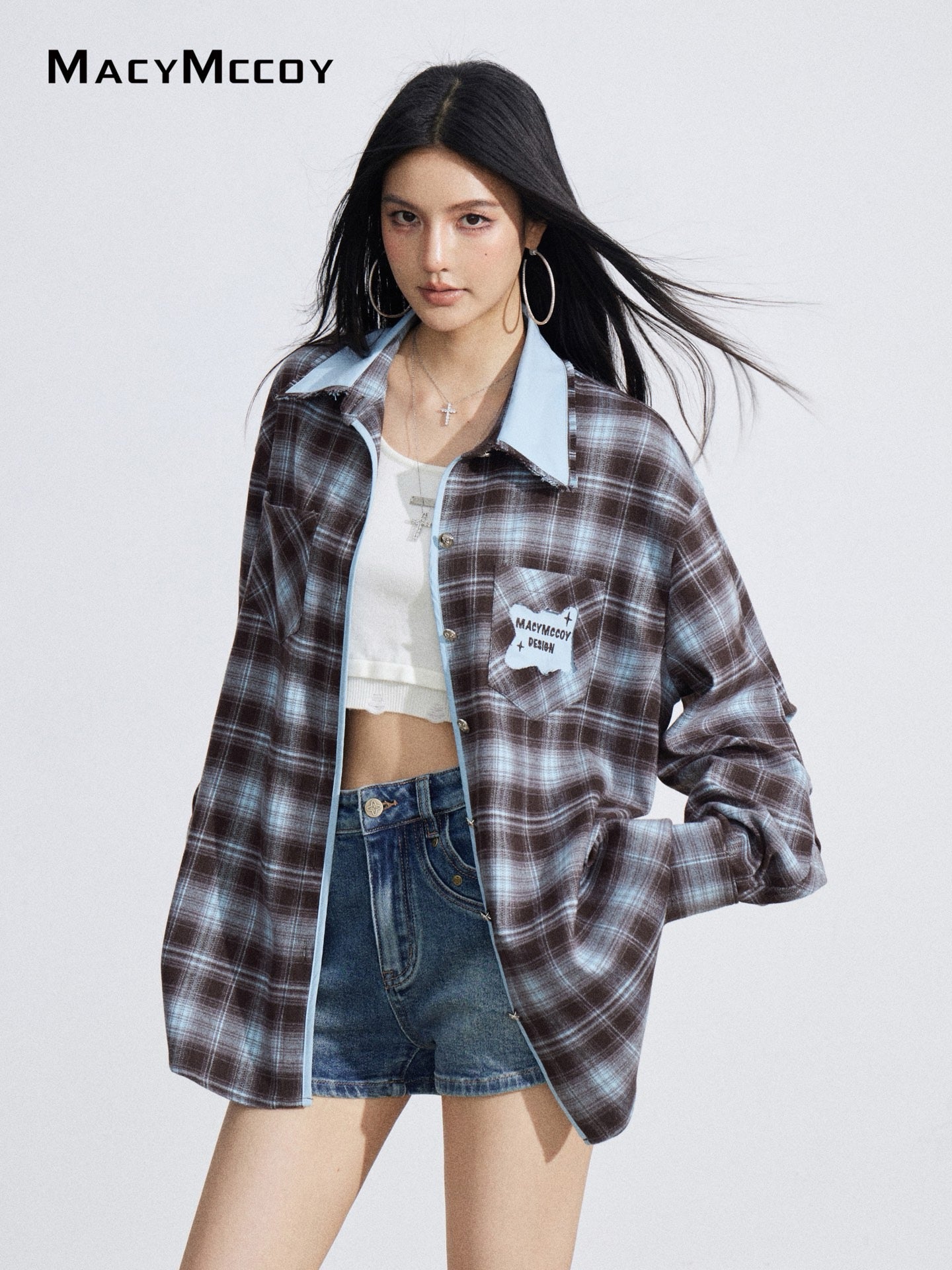 MacyMccoy MMC2026027 Color-blocked embroidered plaid shirt