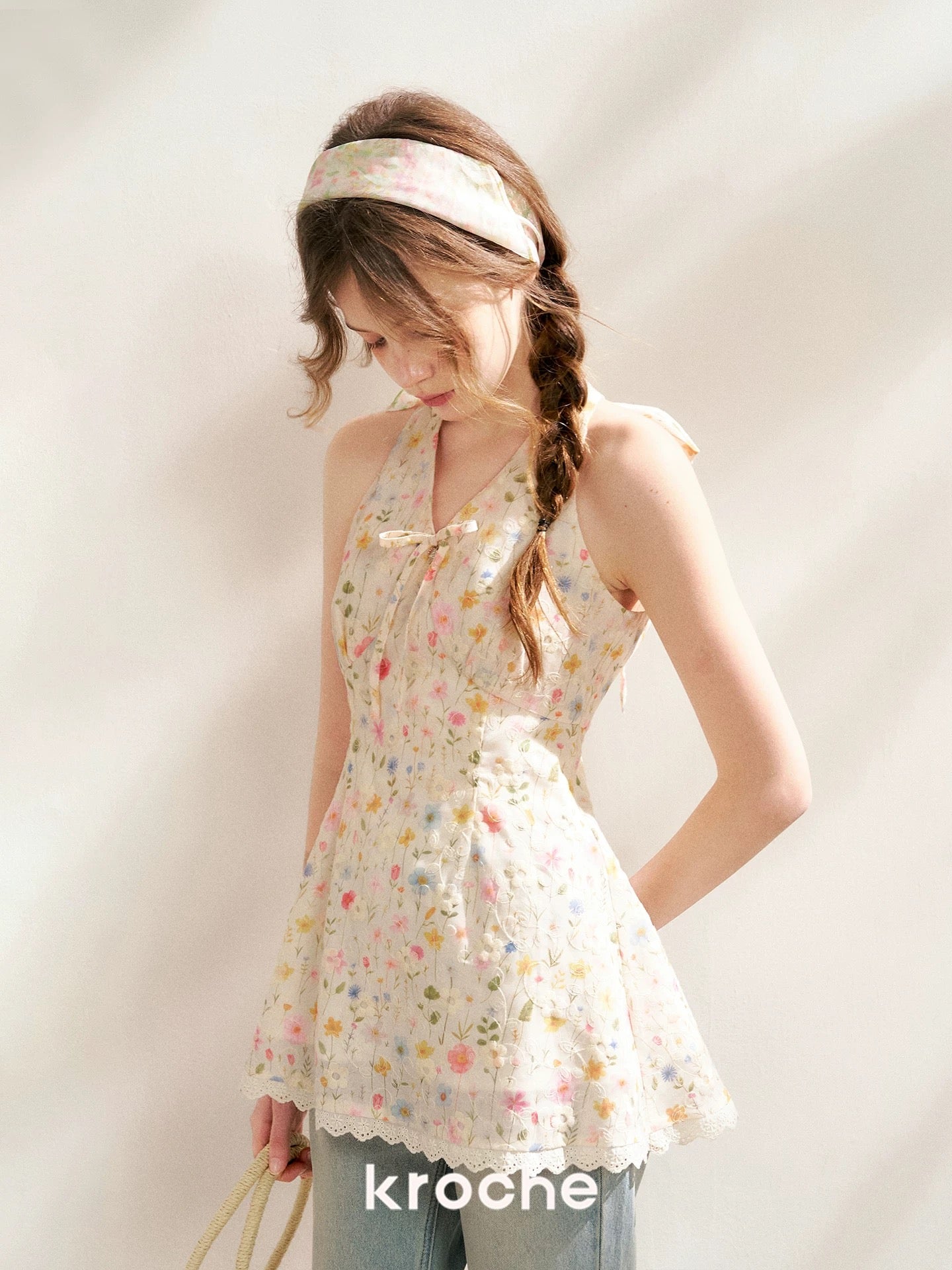 Kroche Floral embroidered printed strap top