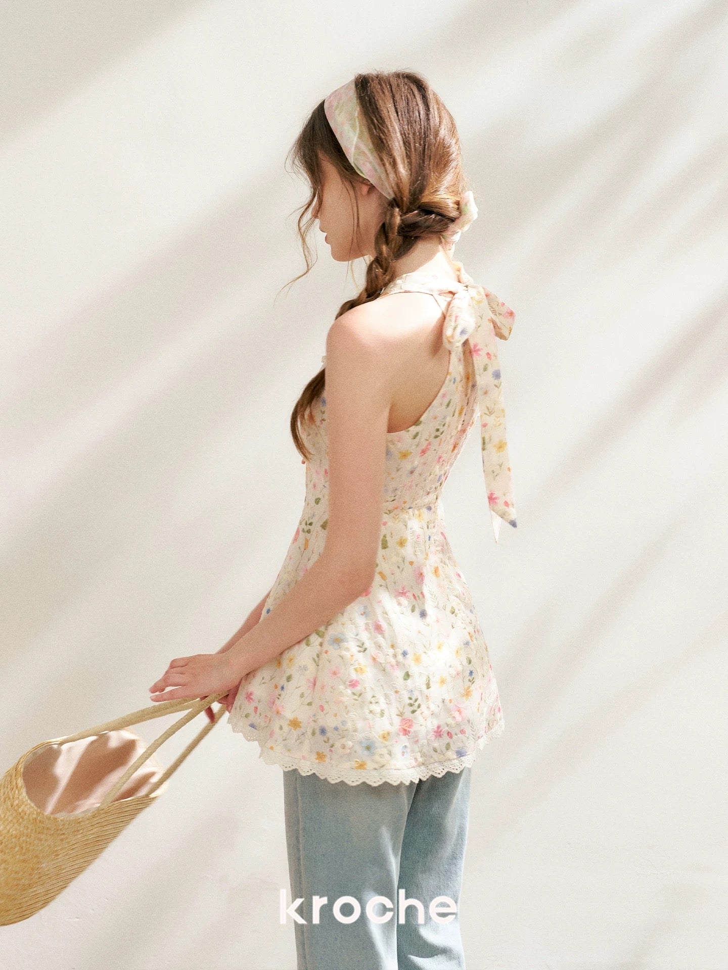 Kroche Floral embroidered printed strap top