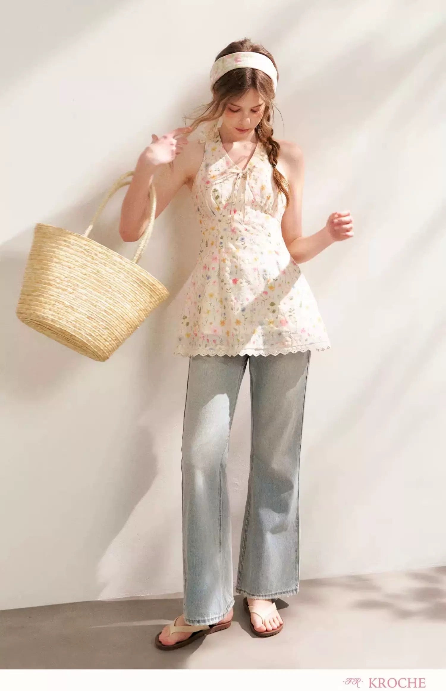 Kroche Floral embroidered printed strap top